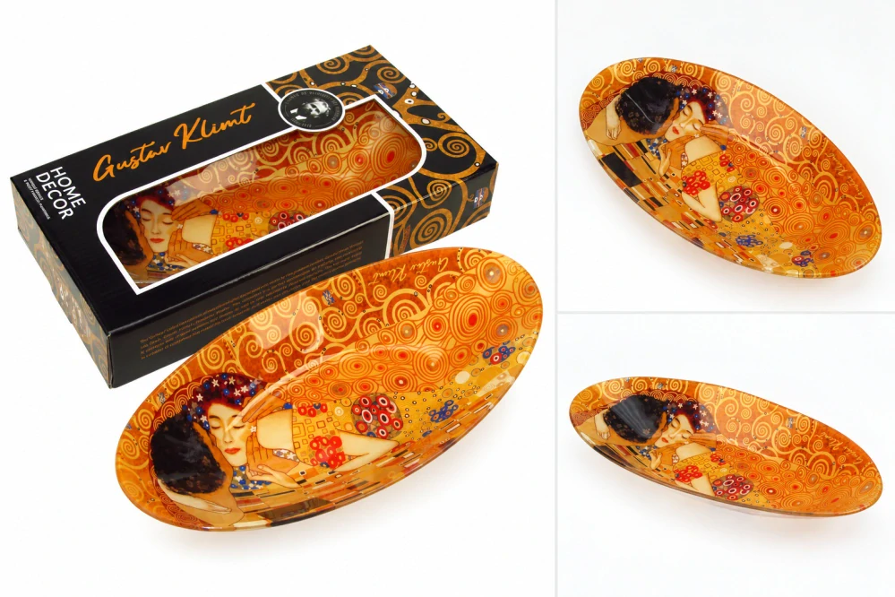 Sklenená oválna miska Gustav Klimt – The Kiss (Bozk),hlboká 3 cm,30 × 15 cm