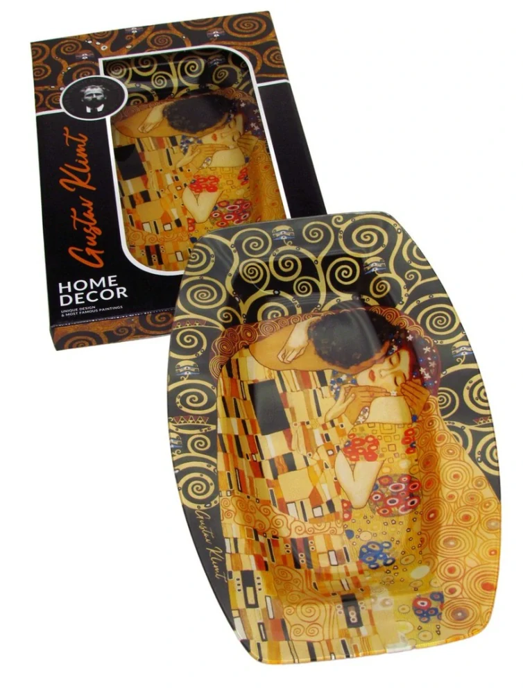 Sklenená tácka Gustav Klimt – The Kiss, čierno-zlatá kolekcia, 31 × 21 cm