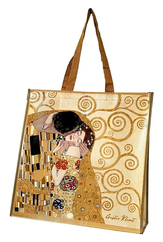 Nákupná taška Gustav Klimt – Bozk, zlatá, 40 × 40 × 14 cm