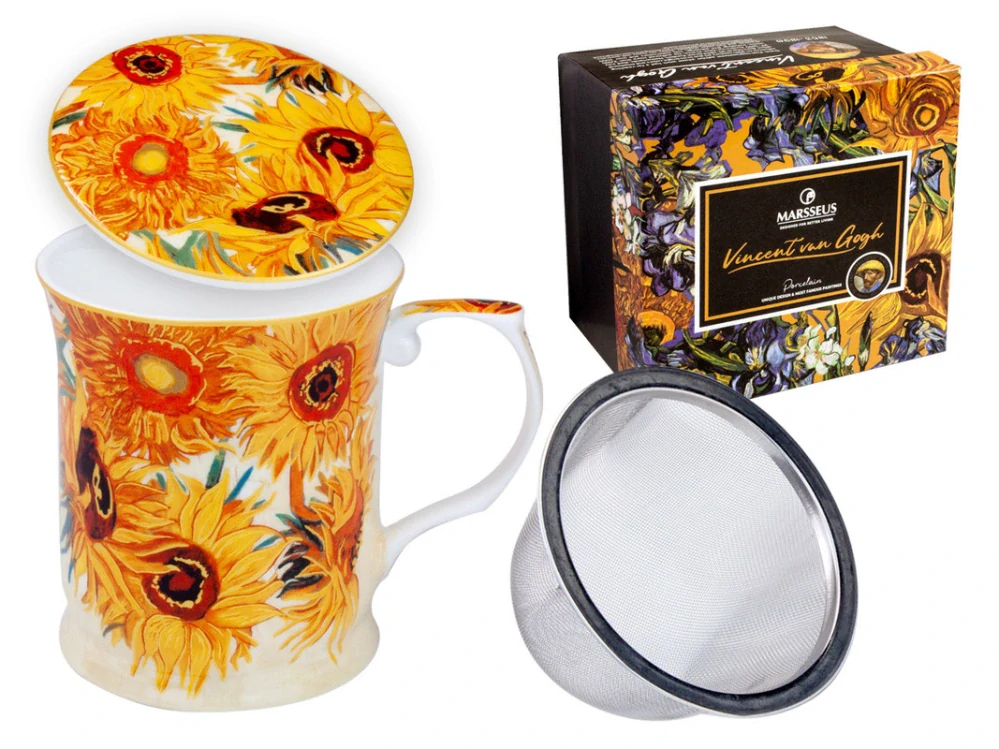Porcelánový hrnček Vincent van Gogh Slnečnice 400 ml s viečkom a sitkom