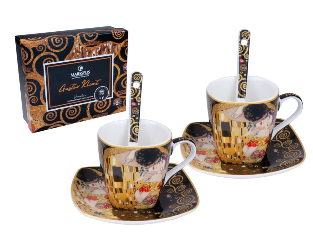 Porcelánová espresso súprava Gustav Klimt – Bozk , 2 × 80 ml,čierna