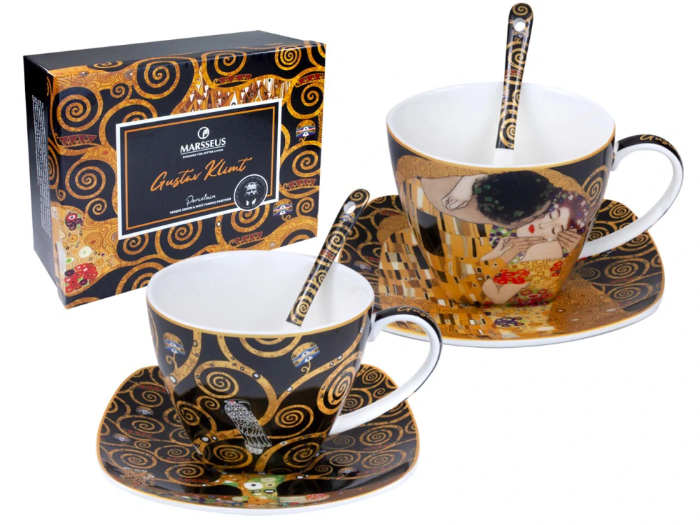 Porcelánová súprava Gustav Klimt – Bozk a Strom života, 2 × 250 ml,čierna