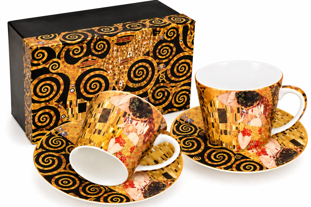 Luxusná porcelánová súprava Gustav Klimt–Bozk, 2×250 ml,čierno-zlatý dekor