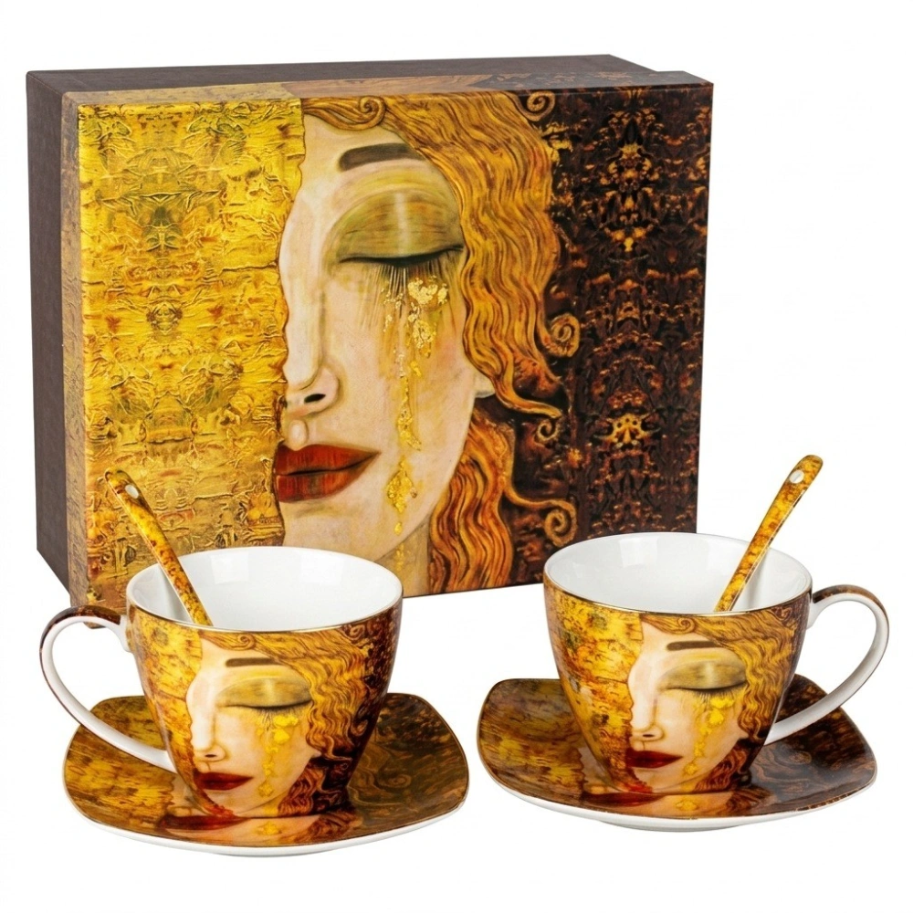 Luxusná porcelánová súprava Gustav Klimt – Zlaté vlasy, 2×250 ml,2 lyžičky