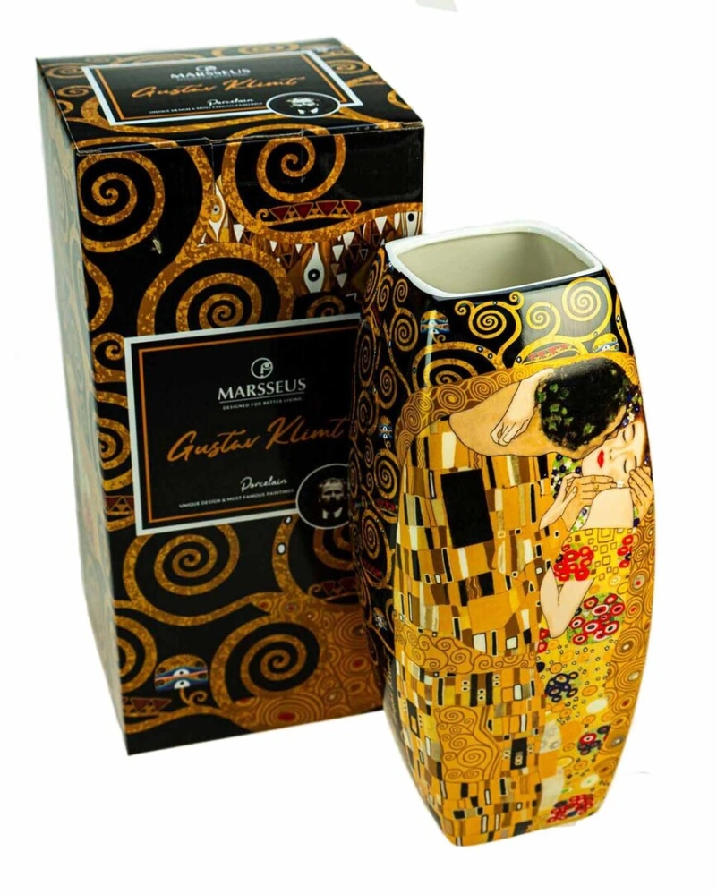 Dekoratívna porcelánová váza Gustav Klimt – Bozk (The Kiss), čierna, 30 cm
