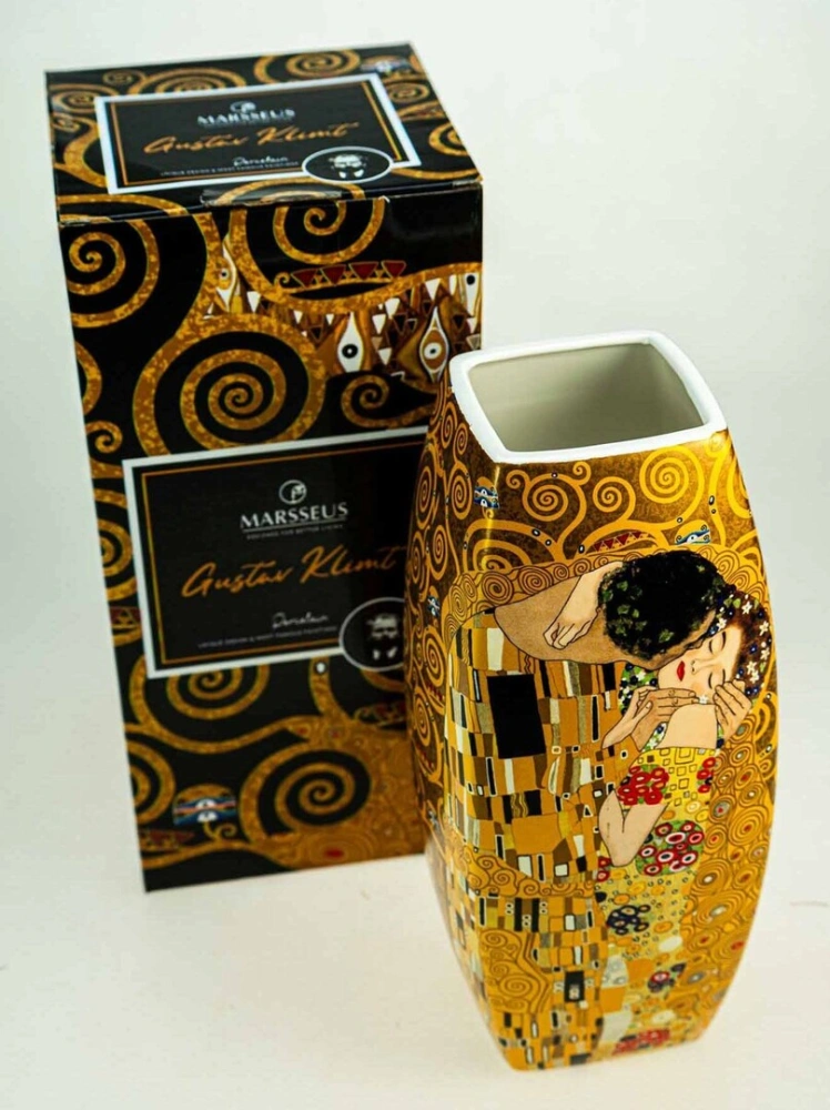 Dekoratívna porcelánová váza Gustav Klimt – Bozk (The Kiss), zlatá, 30 cm