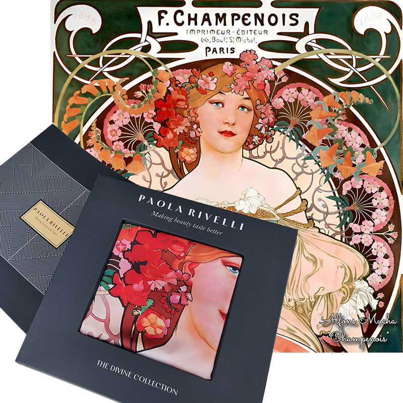 PAOLA RIVELLI Šatka,  90x90 cm Alfons Mucha  F. Champenois Imprimeur-Éditeu