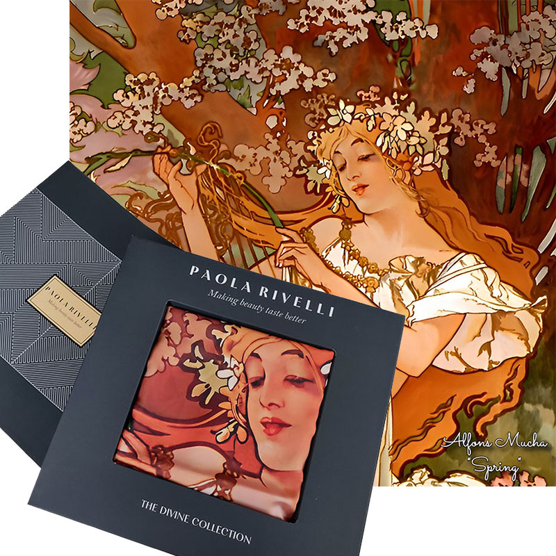 PAOLA RIVELLI Šatka,  90x90 cm Alfons Mucha Štyri ročné obdobia  Jar