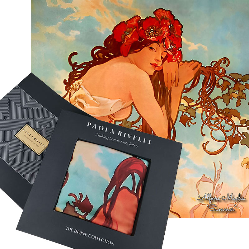 PAOLA RIVELLI Šatka,  90x90 cm Alfons Mucha Štyri ročné obdobia Leto