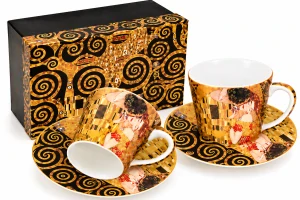 Luxusná porcelánová súprava Gustav Klimt–Bozk, 2×250 ml,čierno-zlatý dekor