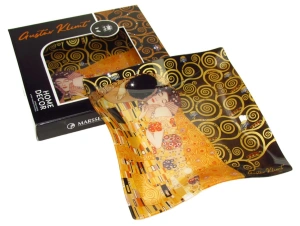 Luxusná sklenená miska WAVE 25 × 25 cm Gustav Klimt – Bozk,čierno-zlatá
