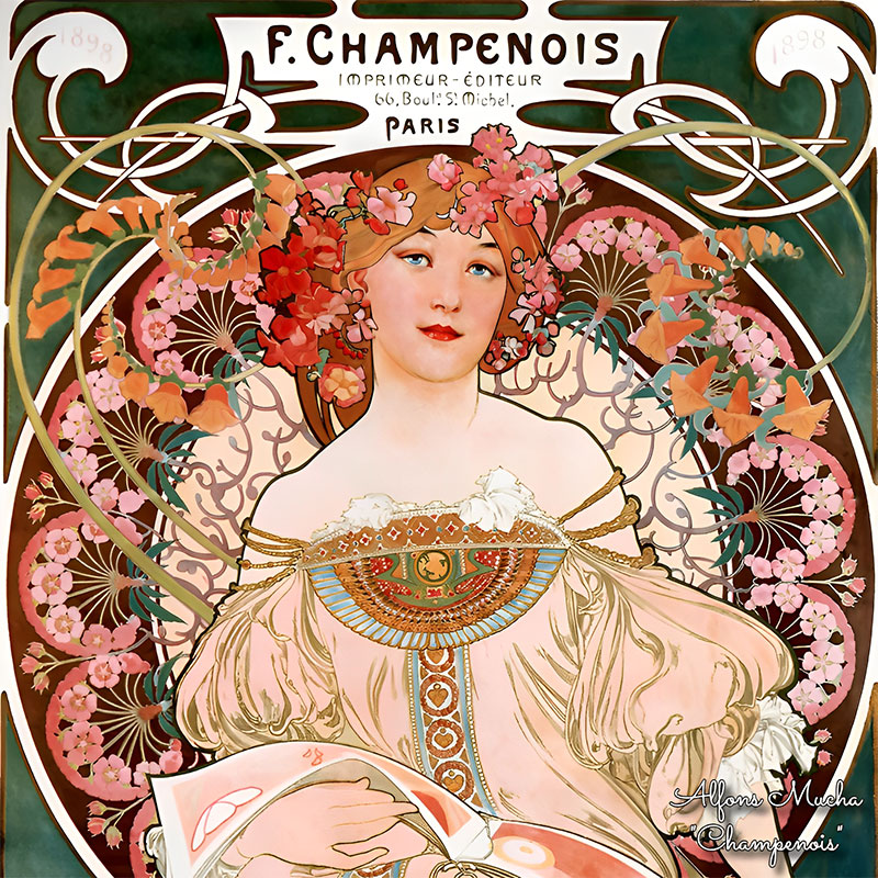 PAOLA RIVELLI Šatka, 90x90 cm Alfons Mucha  F. Champenois Imprimeur-Éditeu