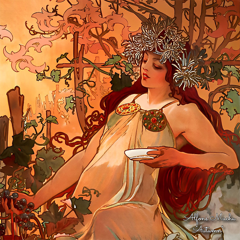 PAOLA RIVELLI Šatka,  90x90 cm Alfons Mucha Štyri ročné obdobia  Jeseň