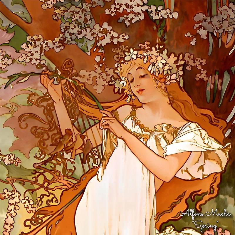 PAOLA RIVELLI Šatka,90x90 cm Alfons Mucha Štyri ročné obdobia Jar, bez darčekového obalu