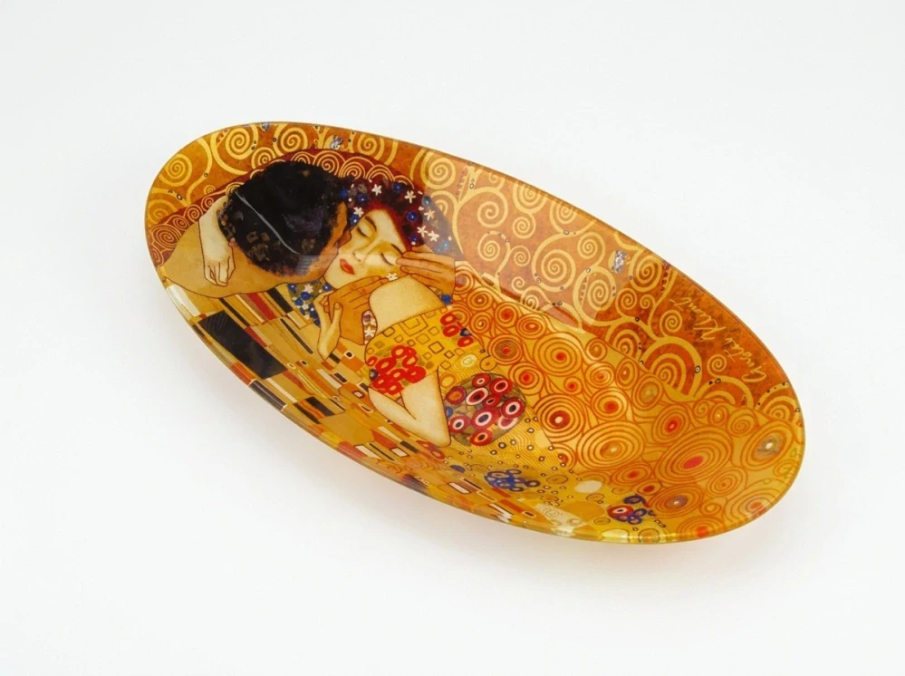 Sklenená oválna miska Gustav Klimt – The Kiss (Bozk),hlboká 3 cm,30 × 15 cm