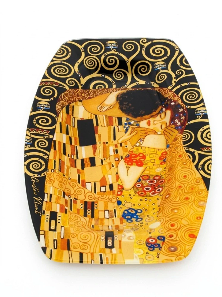 Sklenená tácka Gustav Klimt – The Kiss, čierno-zlatá kolekcia, 31 × 21 cm