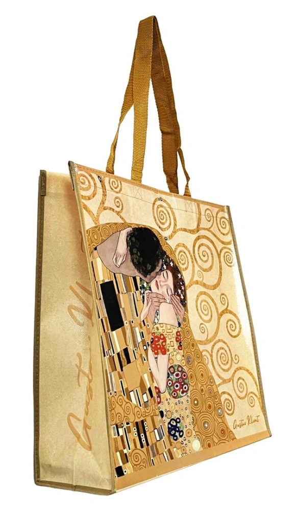 Nákupná taška Gustav Klimt – Bozk, zlatá, 40 × 40 × 14 cm