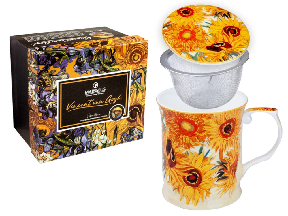 Porcelánový hrnček Vincent van Gogh Slnečnice 400 ml s viečkom a sitkom