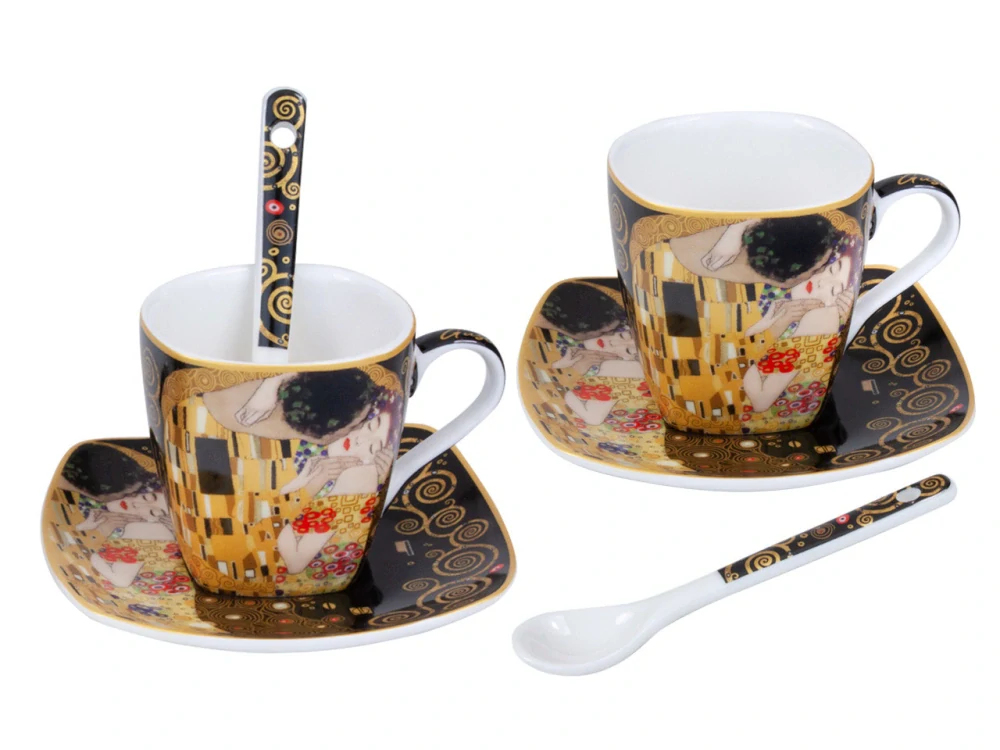 Porcelánová espresso súprava Gustav Klimt – Bozk , 2 × 80 ml,čierna