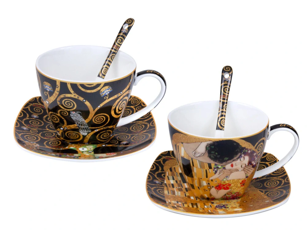 Porcelánová súprava Gustav Klimt – Bozk a Strom života, 2 × 250 ml,čierna