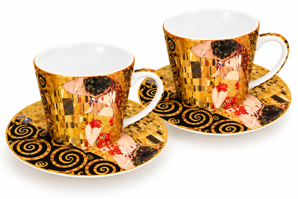 Luxusná porcelánová súprava Gustav Klimt–Bozk, 2×250 ml,čierno-zlatý dekor