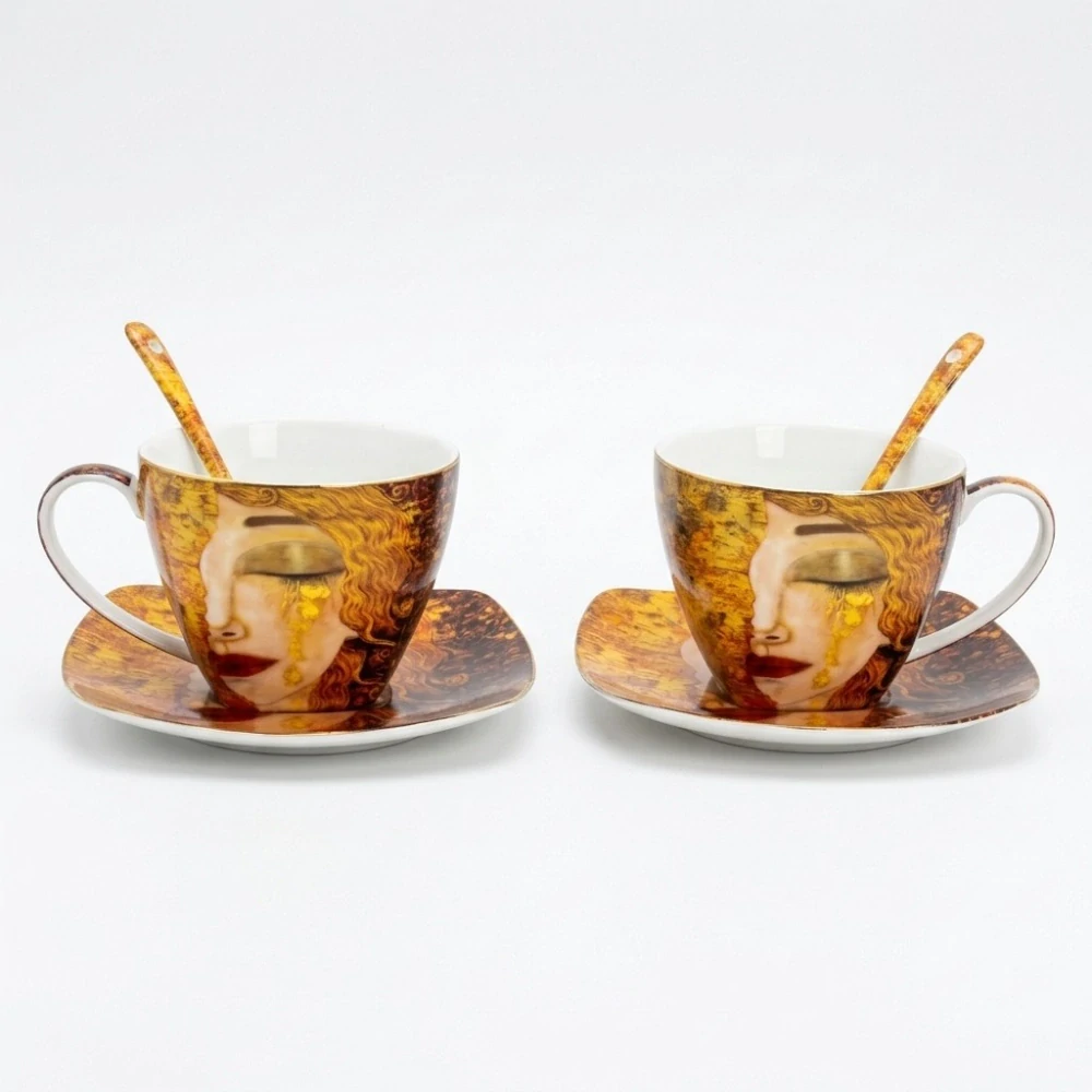 Luxusná porcelánová súprava Gustav Klimt – Zlaté vlasy, 2×250 ml,2 lyžičky