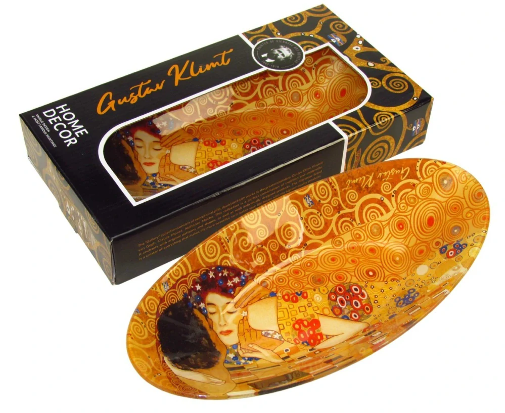 Sklenená oválna miska Gustav Klimt – The Kiss (Bozk),hlboká 3 cm,30 × 15 cm