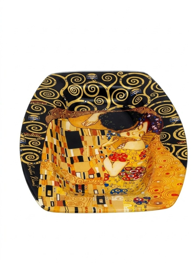 Sklenená tácka Gustav Klimt – The Kiss, čierno-zlatá kolekcia, 31 × 21 cm