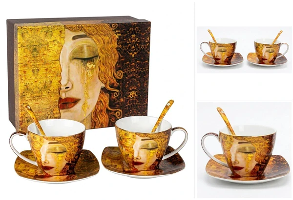 Luxusná porcelánová súprava Gustav Klimt – Zlaté vlasy, 2×250 ml,2 lyžičky