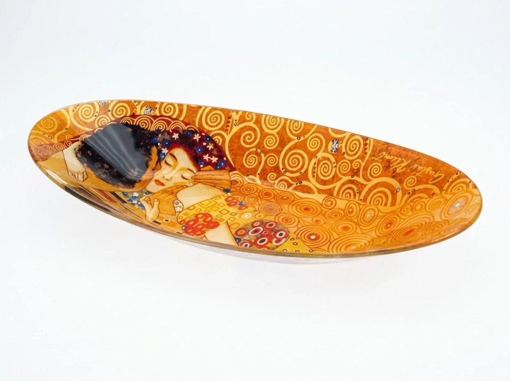 Sklenená oválna miska Gustav Klimt – The Kiss (Bozk),hlboká 3 cm,30 × 15 cm