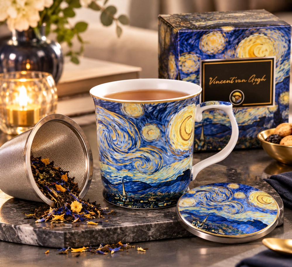 Porcelánový hrnček Vincent van Gogh Hviezdna noc 400 ml s viečkom a sitkom