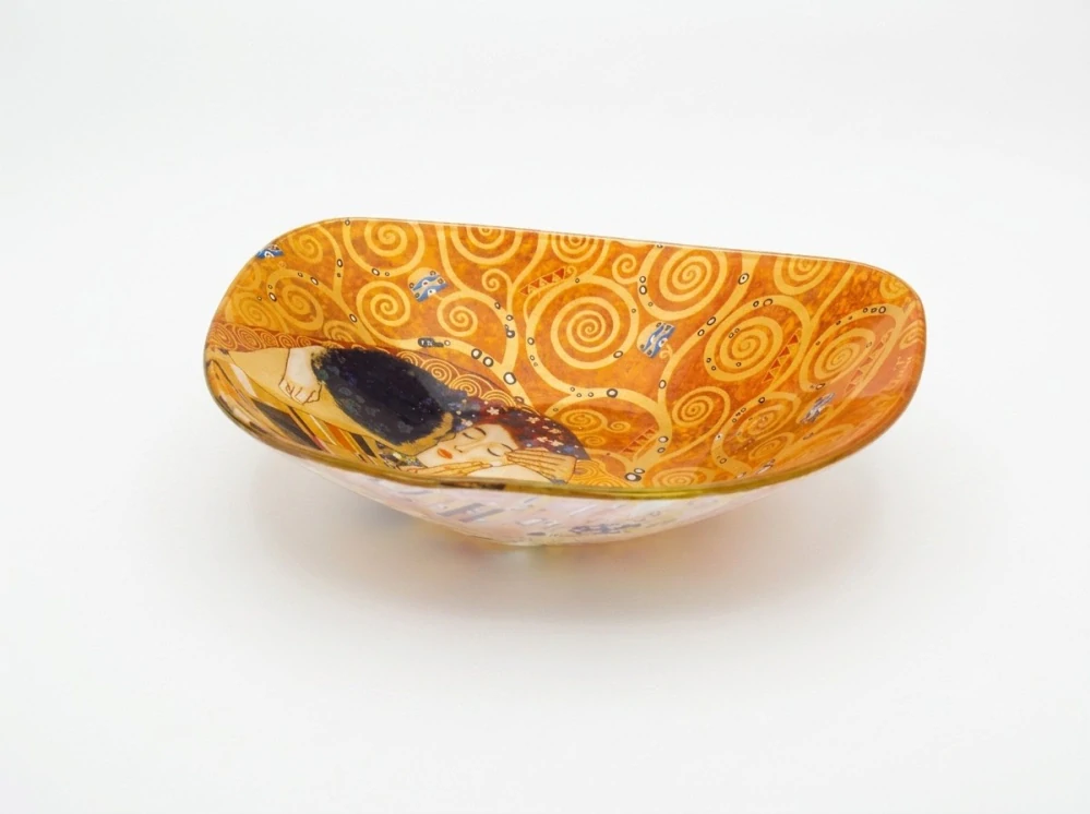 Luxusná sklenená miska Gustav Klimt – The Kiss, čierno-zlatá, 17 × 17 x 3 cm