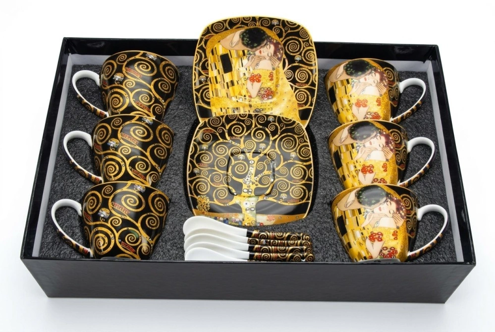Luxusná porcelánová 18 dielna súprava Klimt Kiss Strom života 6x 250 ml