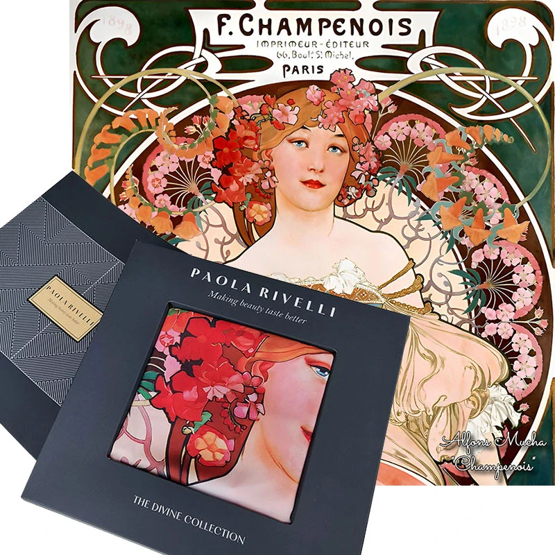 PAOLA RIVELLI Šatka, 90x90 cm Alfons Mucha  F. Champenois Imprimeur-Éditeu